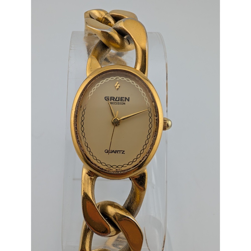 Gruen Precision Watch 21mm‎ Case Gold Curb Chain Link Bracelet 7.25" New Battery